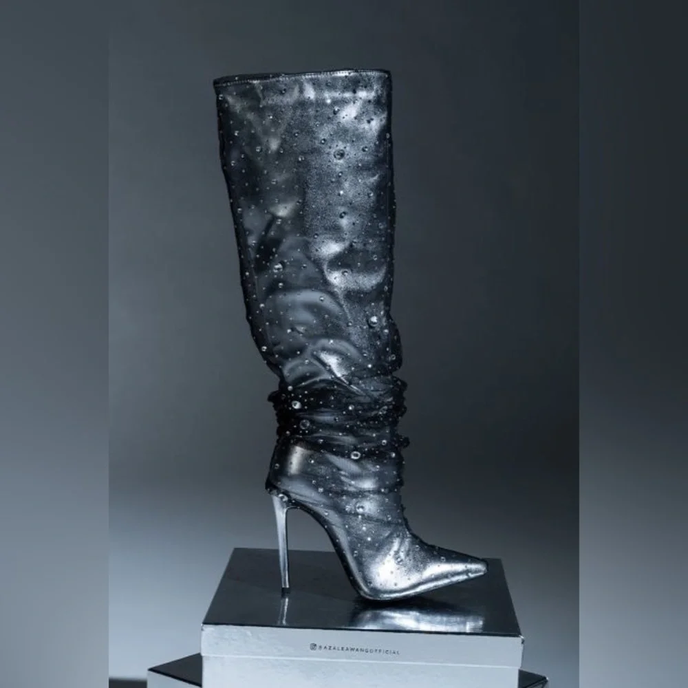 AZALEA WANG Silver Metallic Gemstone Embellished Stiletto High Heel Boots